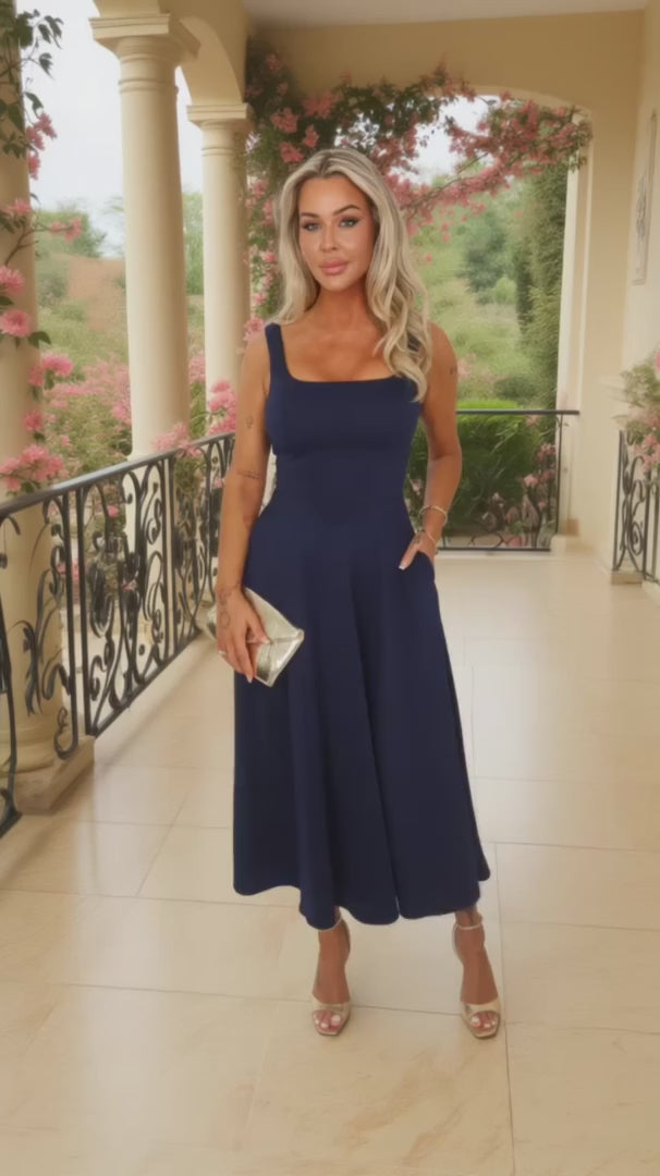 Darcy Navy Square Neck Sleeveless Midi Dress With Pockets