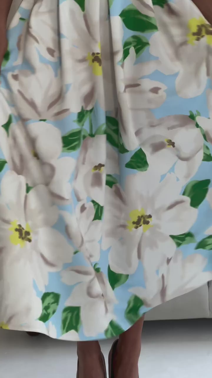 Betty Pale Blue & Green Floral Asymmetric Neckline Skater Midi Dress With Pockets