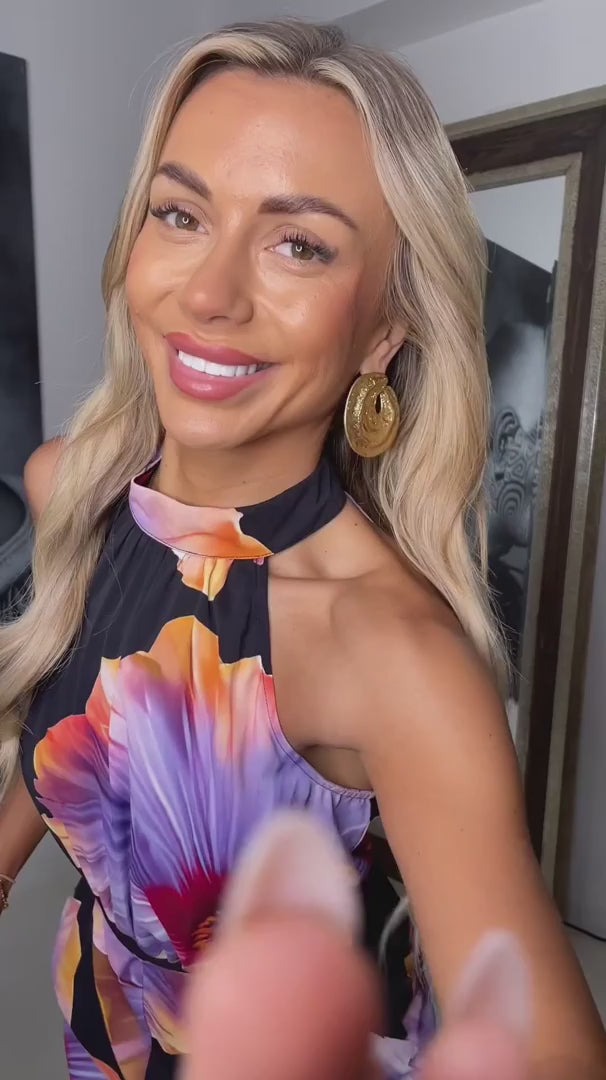 Dominique Black And Lilac Floral Print Halter Neck Belted Cropped Leg Jumpsuit