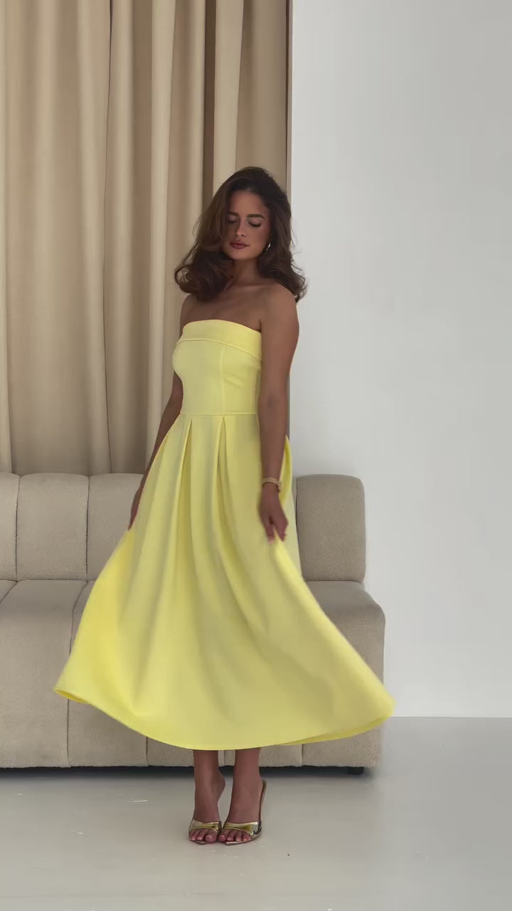 Danni Yellow Strapless Bandeau Midi Dress With Pockets