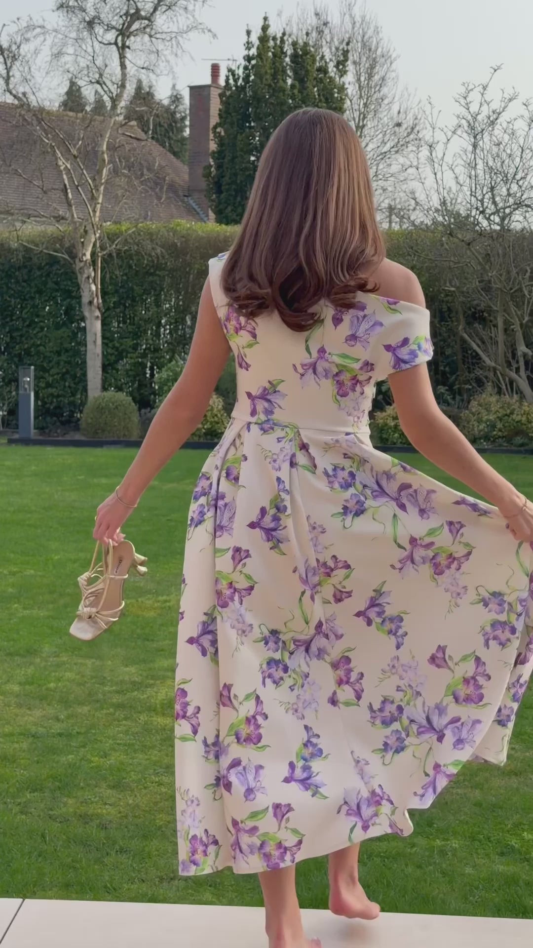 Betty Yellow & Lilac Floral Asymmetric Neckline Skater Midi Dress With Pockets