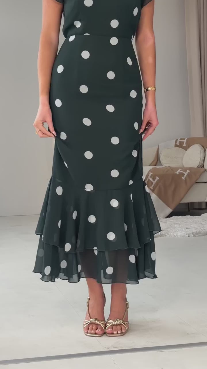 Roxy Green Polka Dot Boat Neck Frill Bodycon Midi Dress