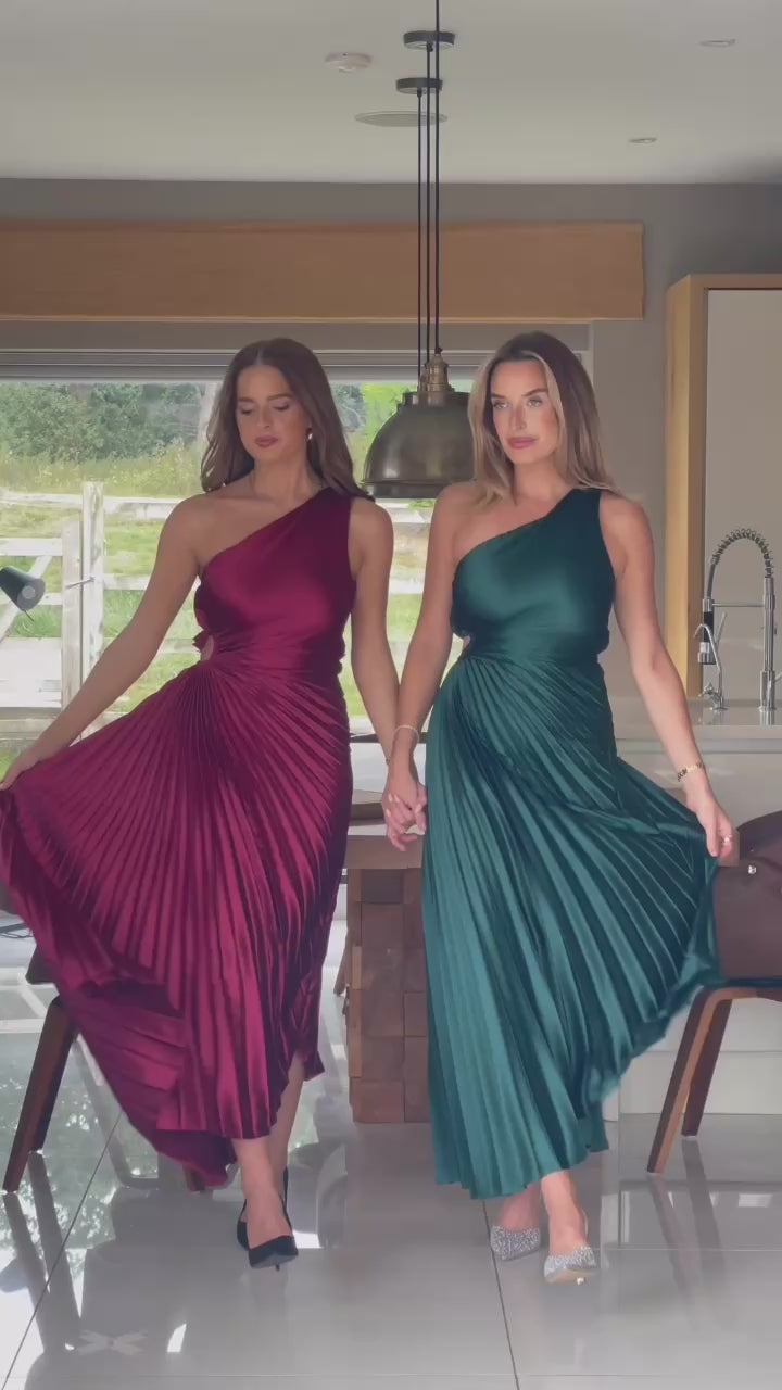 Aoife Emerald Green One Shoulder Pleated Midi Dress