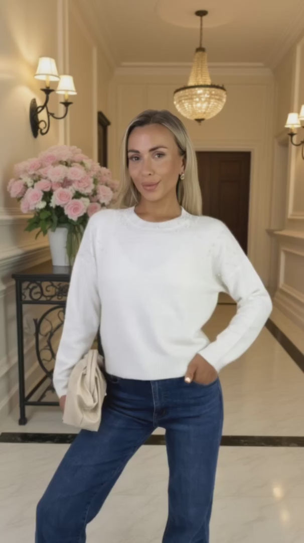 Mariah Cream Pearl Embellished Crew Neck Jumper