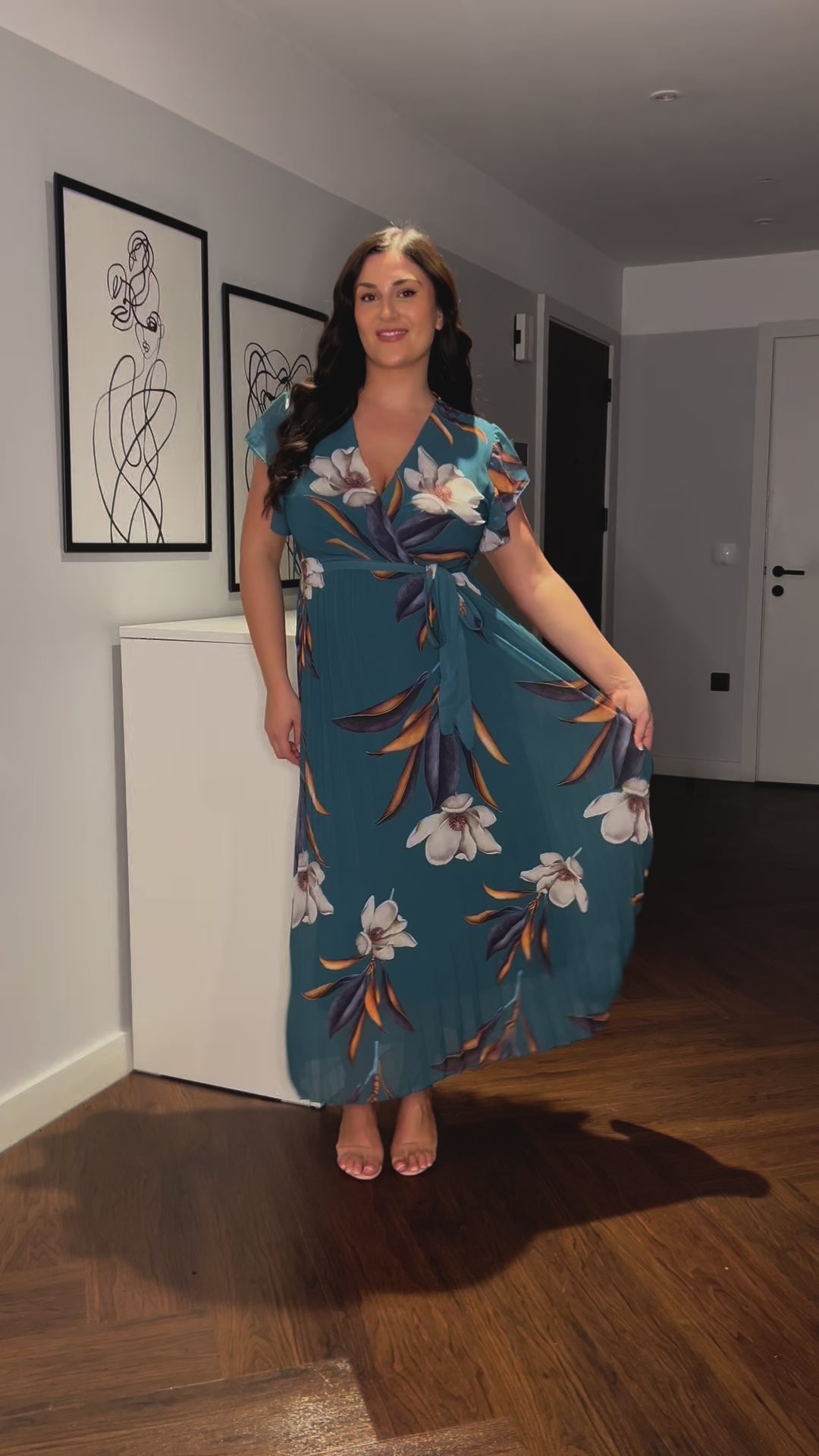 Amalfi Coast Teal Green Floral Chiffon Short Sleeve Pleated Belted Maxi Dress