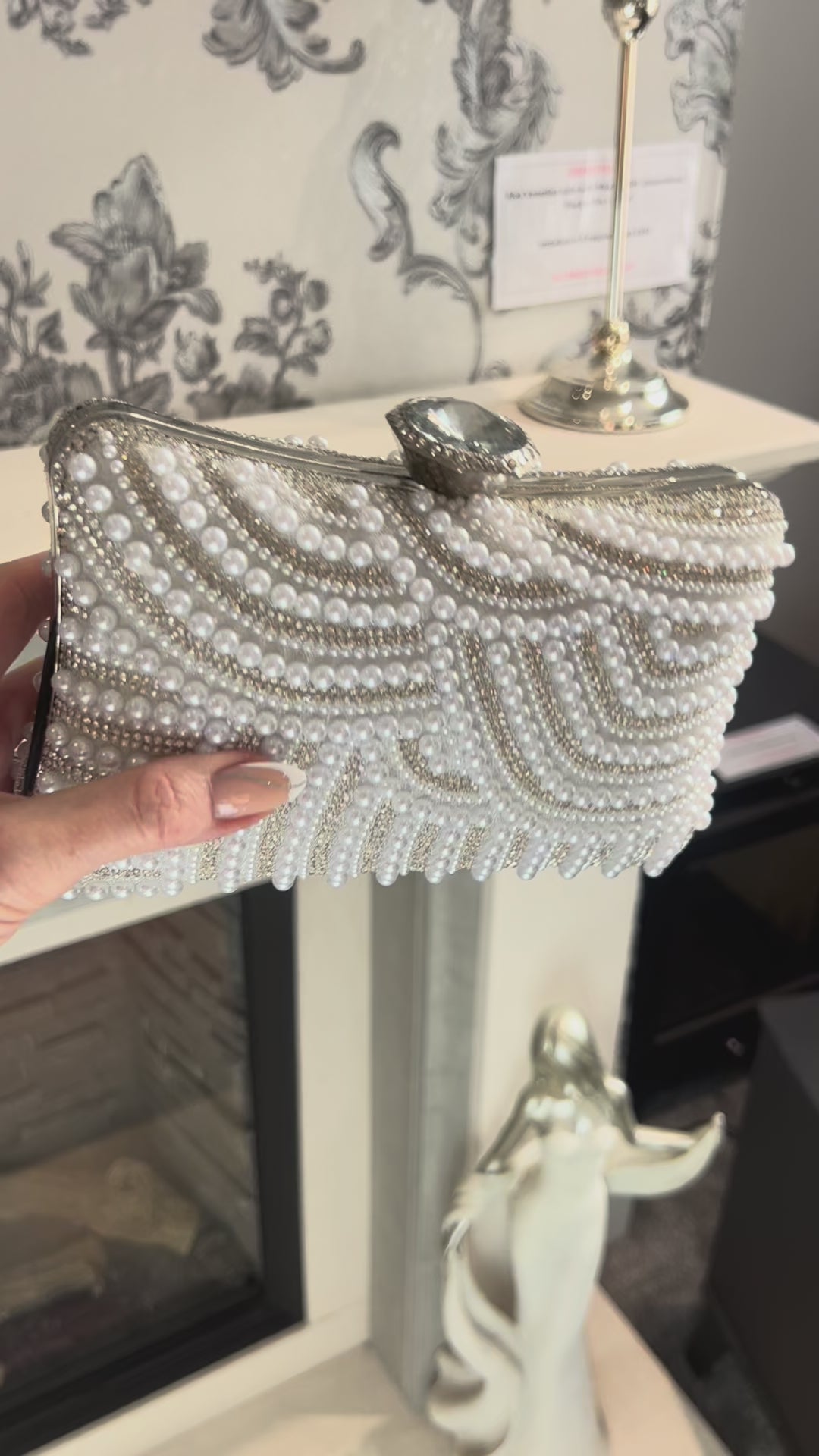 Marbella Diamante & Pearl Embellished Box Clutch Bag - White