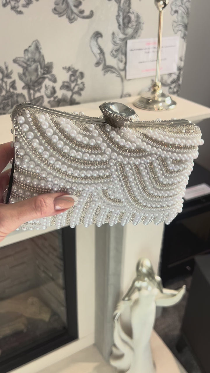 Marbella Diamante & Pearl Embellished Box Clutch Bag - White