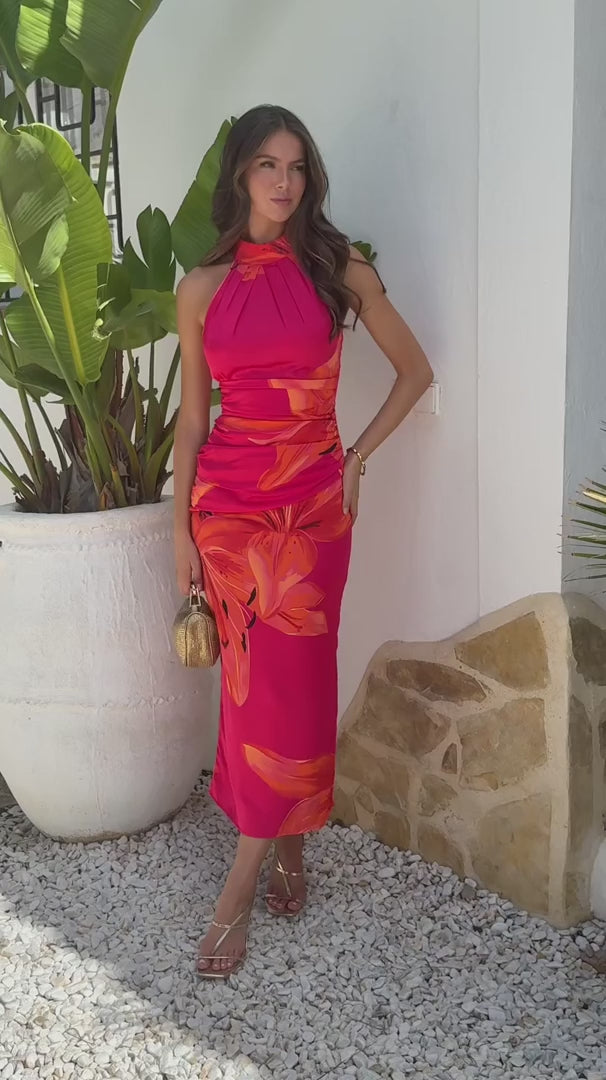 Romantica Pink and Orange Floral Print Halter Neck Bodycon Maxi Dress
