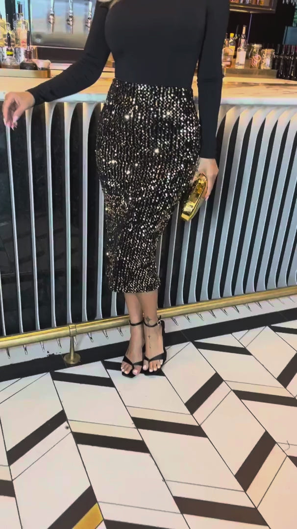 Lois Gold Velvet Sequin 2 in 1 Long Sleeve Bodycon Midi Dress