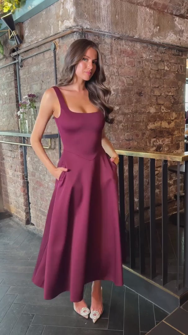 Darcy Plum Square Neck Sleeveless Midi Dress With Pockets