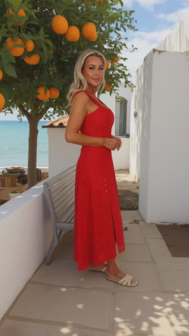 Charlotte Red Broderie Shirred Straps Button Detail Midi Dress