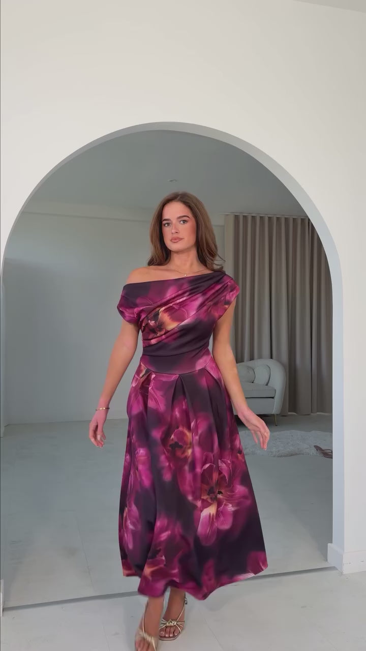 Betty Plum and Black Floral Asymmetric Neckline Skater Maxi Dress With Pockets