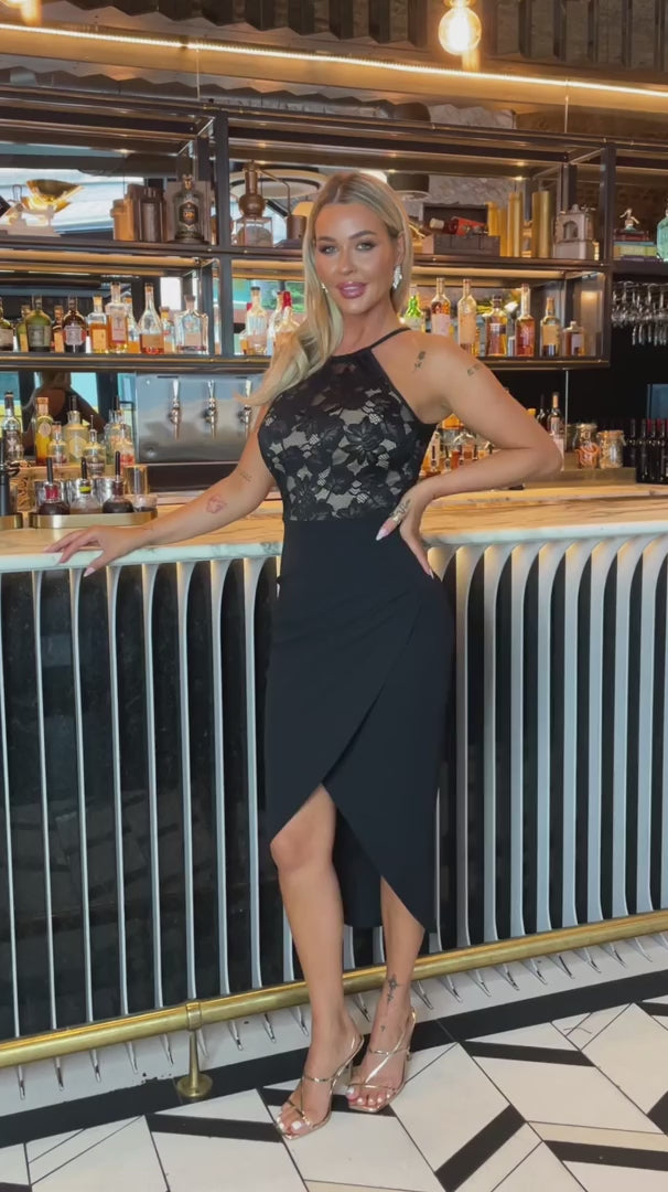 Tiana Black Contrast Lace Top 2 in 1 Wrap Skirt Bodycon Midi Dress