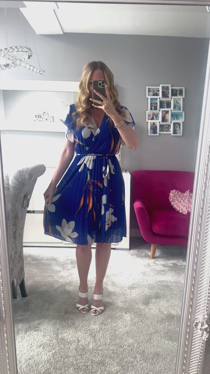 Joanie Cobalt Blue Floral Short Sleeve Chiffon Pleated Midi Dress