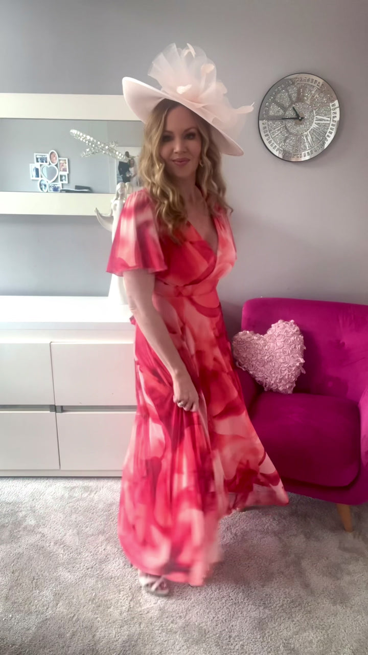 Isobel Coral Abstract Angel Sleeve Belted Mesh Maxi Dress - PETITE LENGTH (3 LENGTHS)