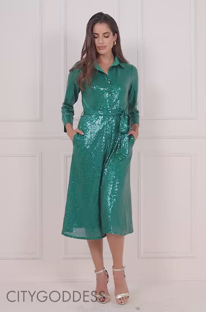 Sophia Emerald Green Sequin Midi Skater Shirt Dress