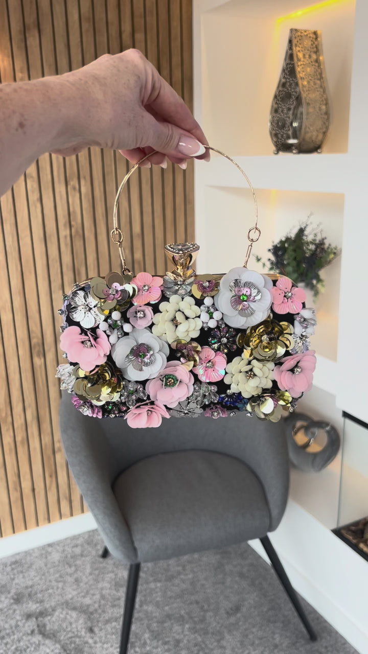 Rio Black 3D Floral Embellished Clutch Box Bag