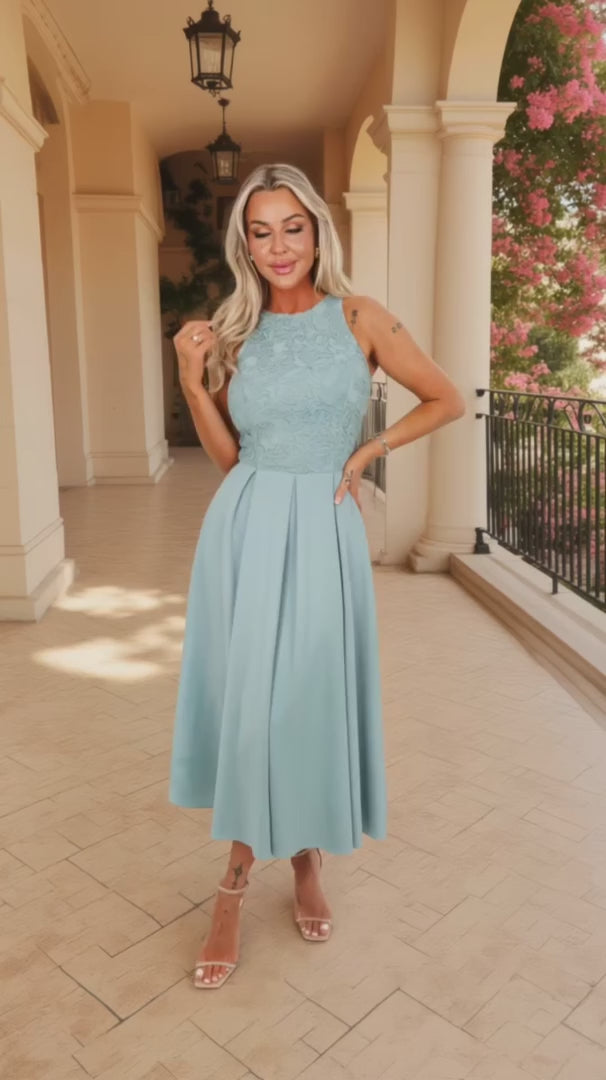 Safiya Duck Egg Embroidered Lace Top Overlay A-Line Skirt Midi Dress