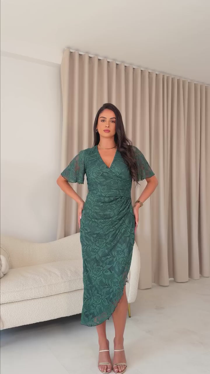 Natasha Green Lace Angel Sleeve Chiffon Wrap Midi Dress