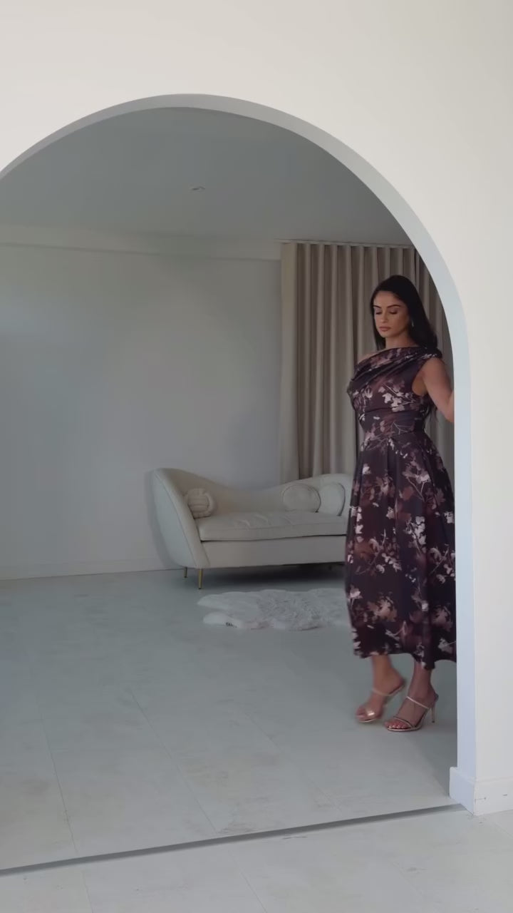 Betty Brown Floral Asymmetric Neckline Skater Maxi Dress With Pockets