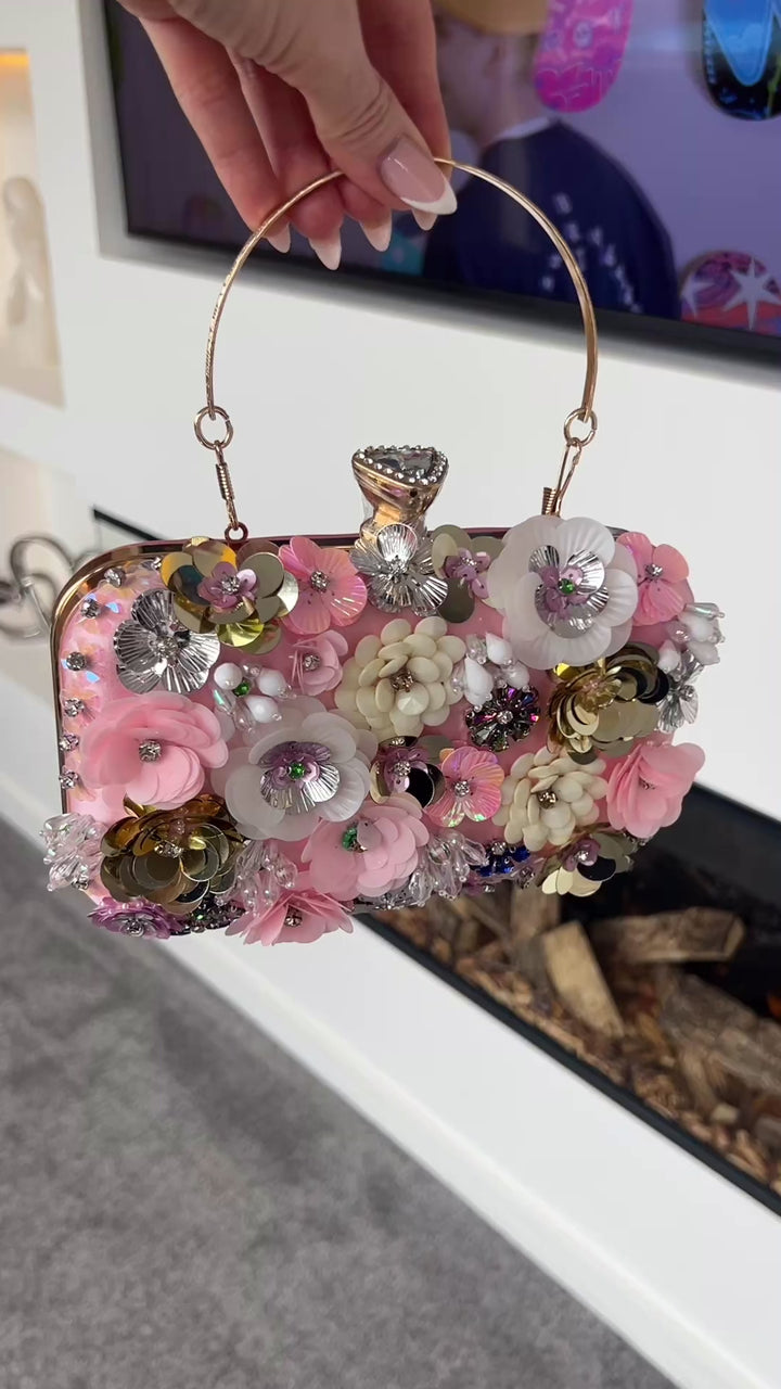 Rio Premium Pink 3D Floral Embellished Clutch Box Bag