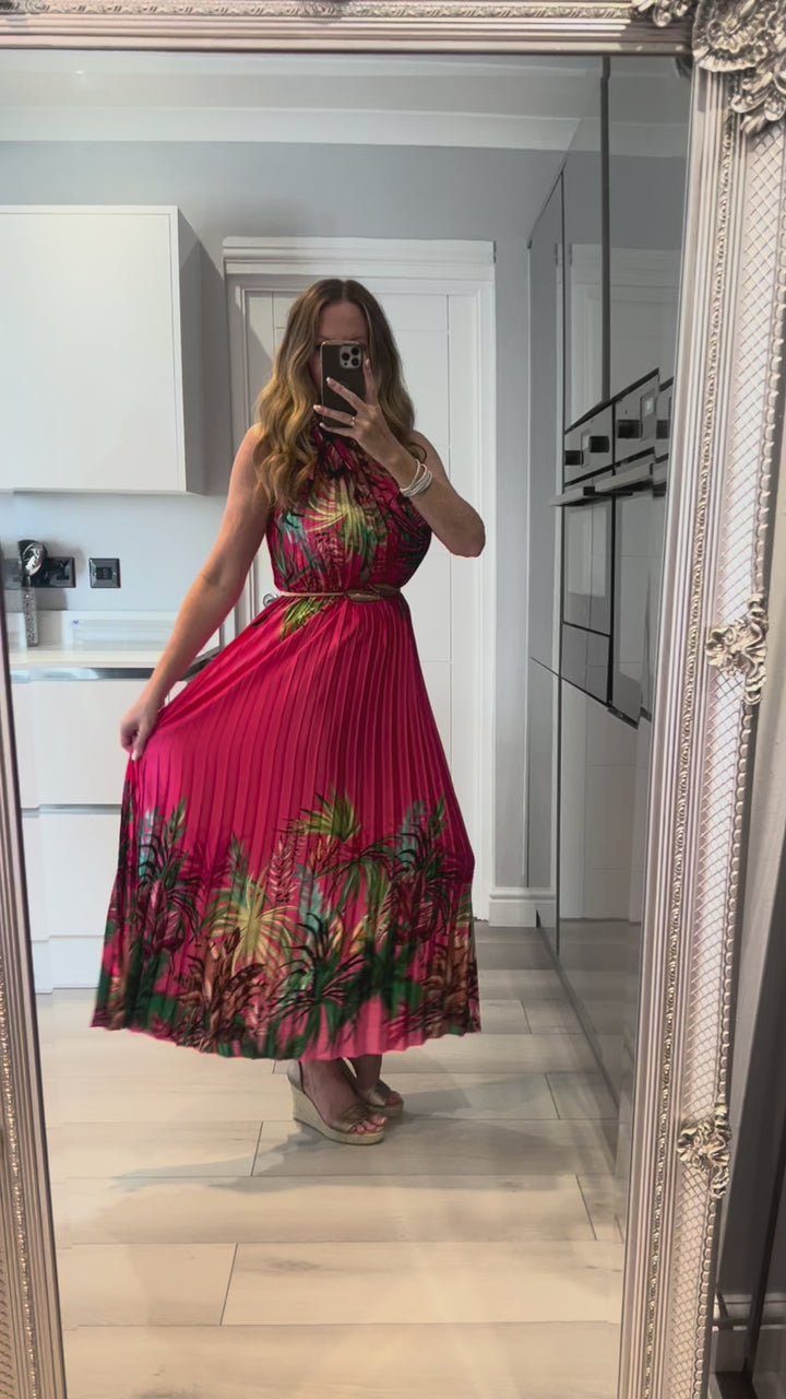 Antigua Fuchsia Pink Floral Halter Neck Pleated Maxi Dress