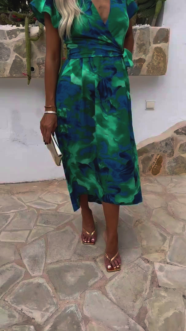 slim fit dress slacks Bandeau Floral Print Dip Hem Dress in Green main image 0