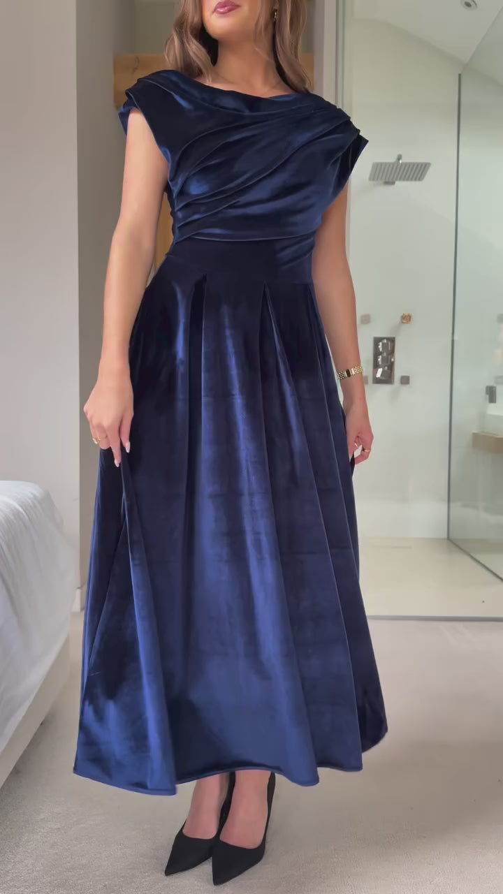 Betty Navy Velvet Asymmetric Neckline Skater Midi Dress With Pockets