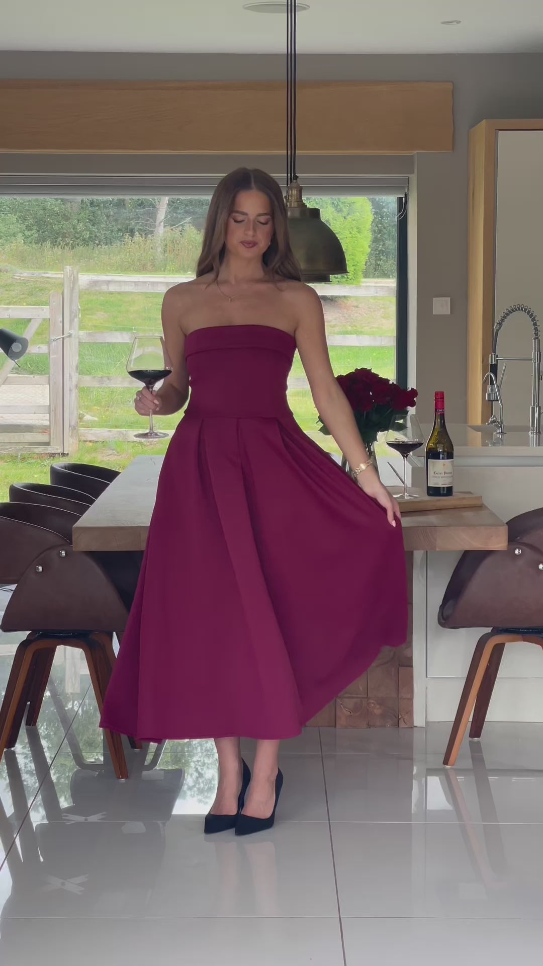 Danni Burgundy Wine Strapless Bandeau Midi Dress With Pockets