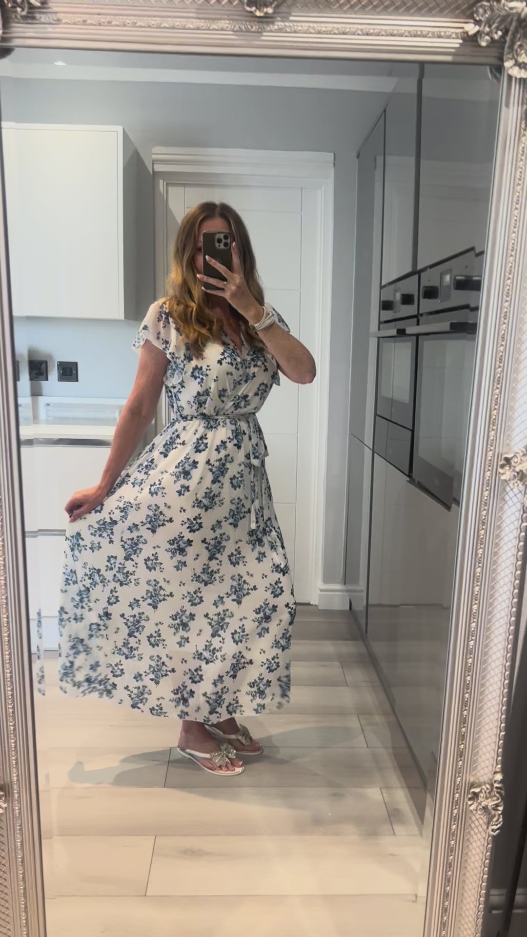 Katrin Blue Floral Chiffon Short Sleeve Belted Maxi Dress