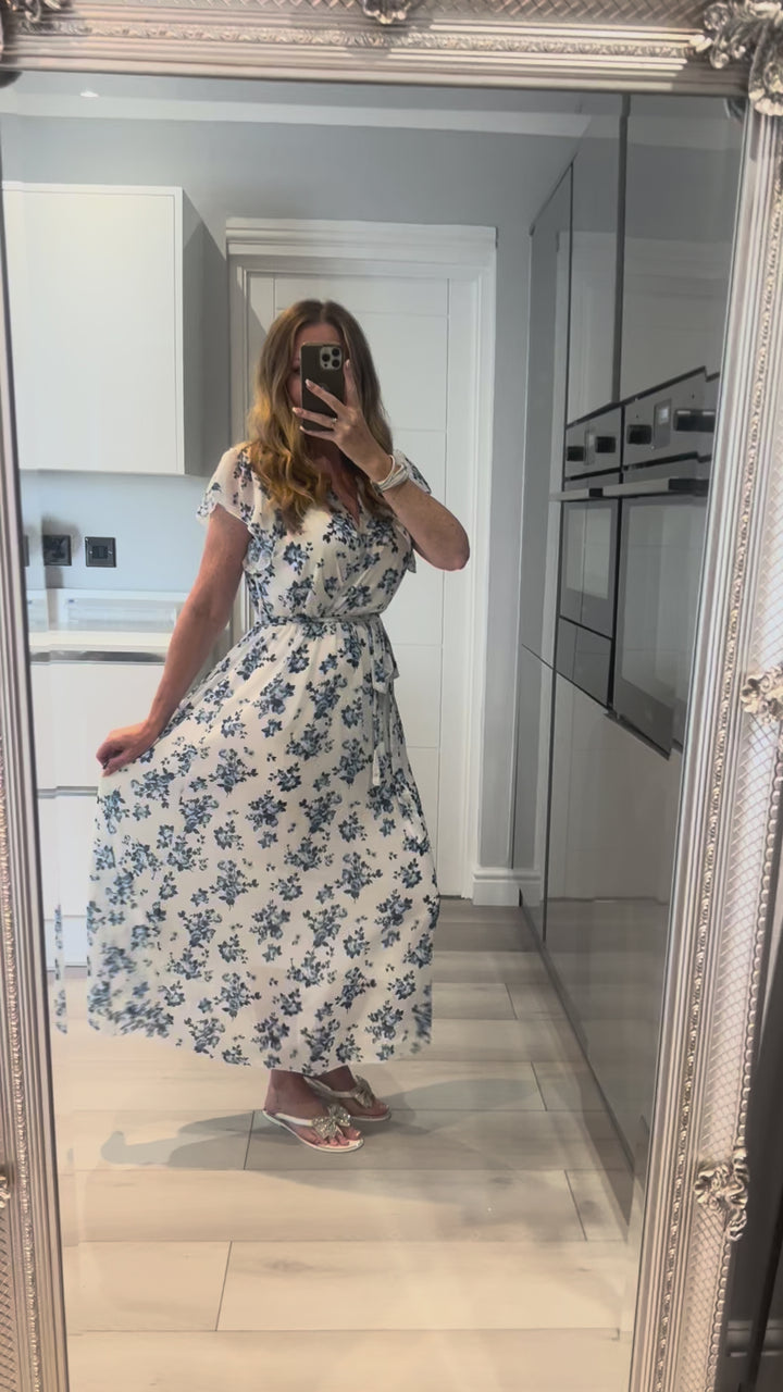 Katrin Blue Floral Chiffon Short Sleeve Belted Maxi Dress