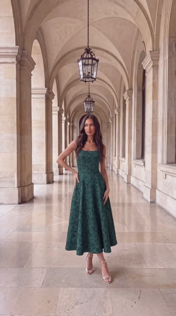Darcy Green Jacquard Floral Square Neck Sleeveless Midi Dress With Pockets