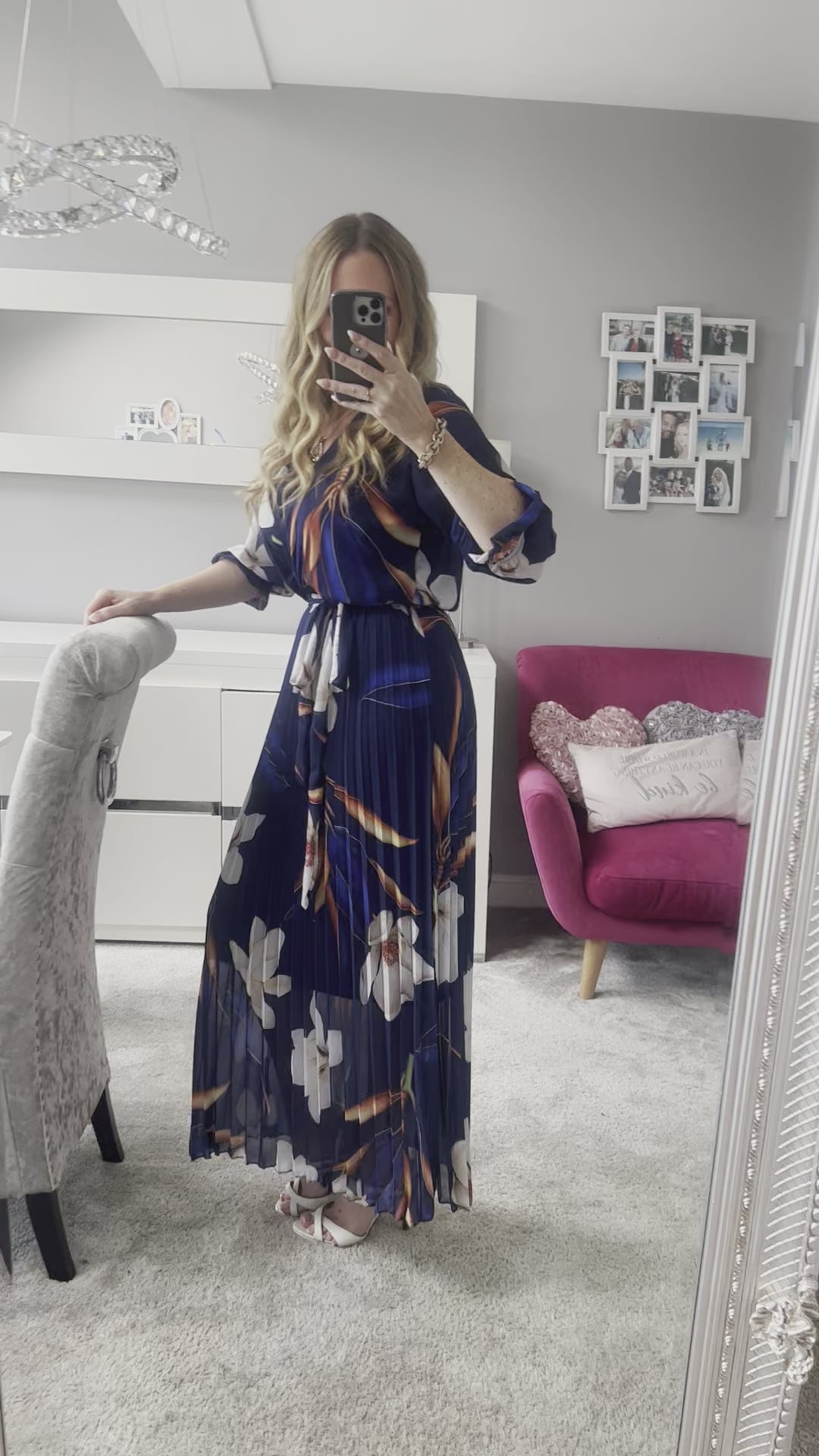 Elle Bright Navy Blue Floral Chiffon Pleated Belted 3/4 Length Sleeve Maxi Dress