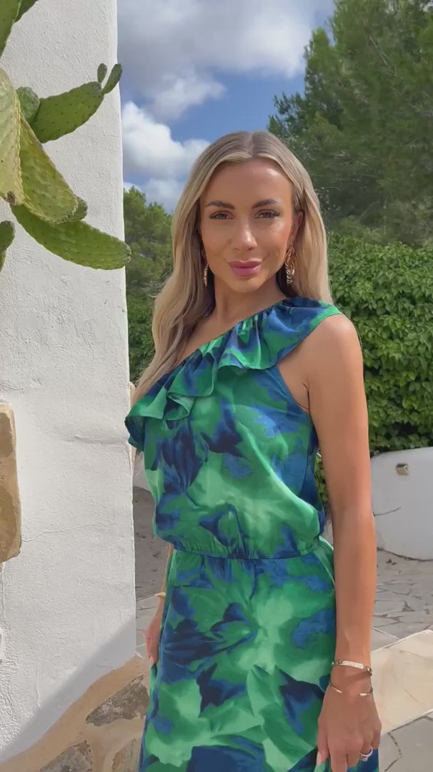 Juniper Green & Blue Abstract Print One Shoulder Frill Midi Dress