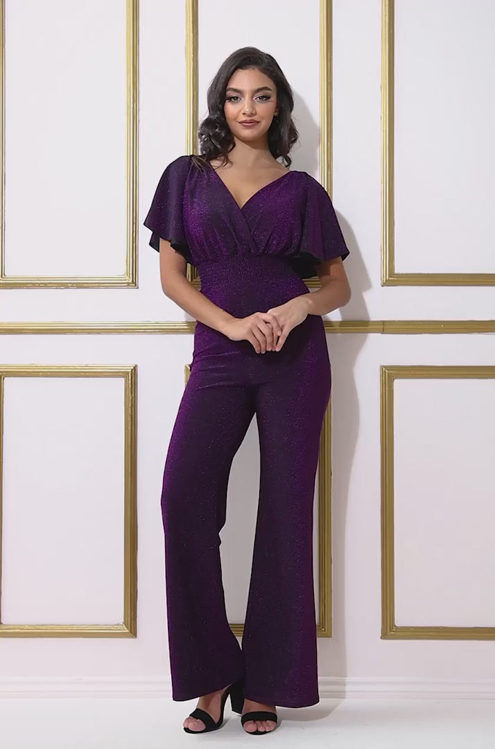 Hollie Purple Lurex Sparkly Wrap Top Angel Sleeve Jumpsuit