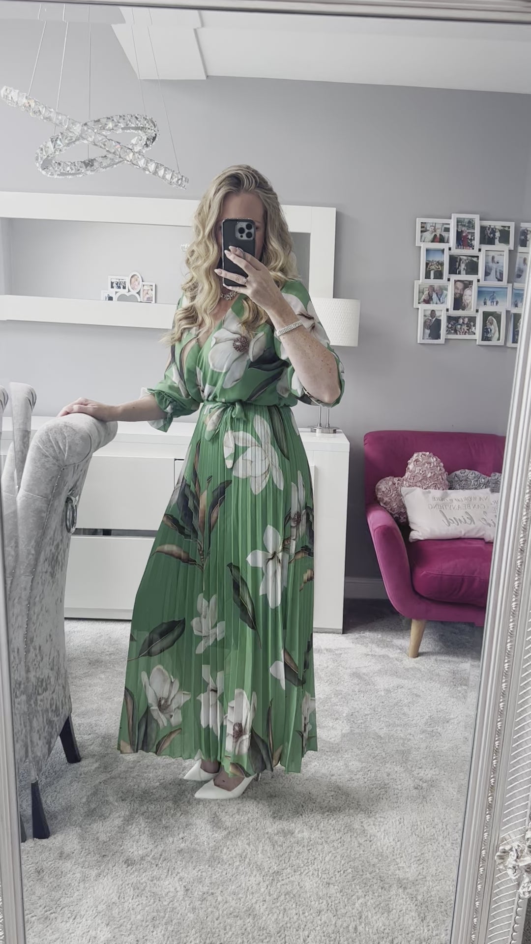 Elle Bright Green Floral Chiffon Pleated Belted 3/4 Length Sleeve Maxi Dress