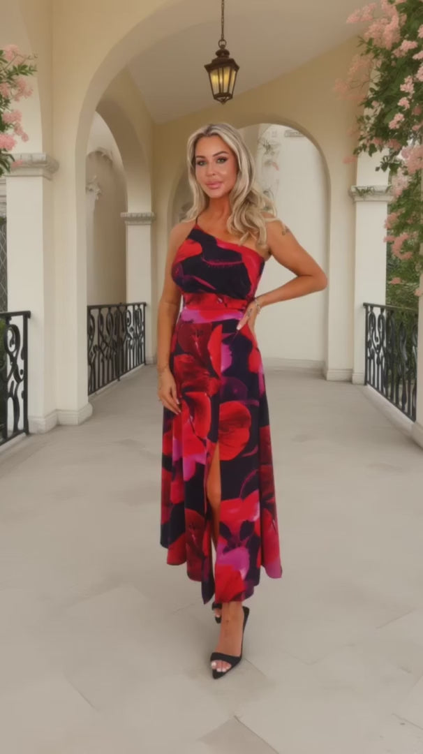 Rachel Black & Red Floral Print One Shoulder Ruched Waist Maxi Dress