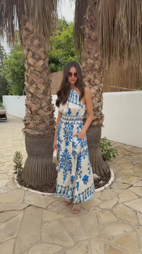 Macy Blue Boho Floral Print Tie Racer Neck Shirred Waist Maxi Dress