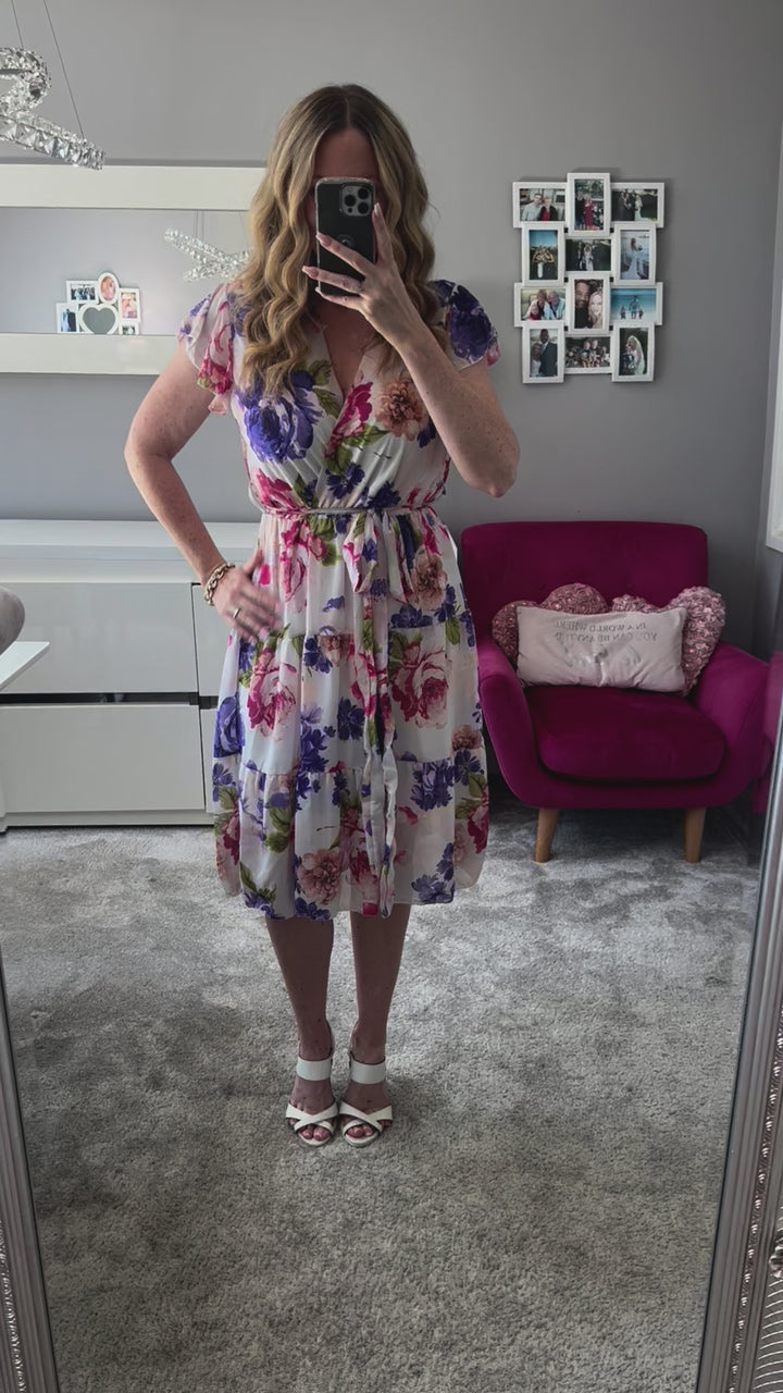 Sinead Ivory, Purple & Rose Floral Short Sleeve Tiered Midi Dress