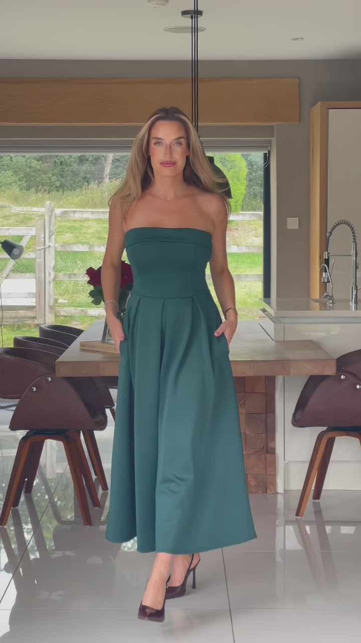 Danni Emerald Green Strapless Bandeau Midi Dress With Pockets