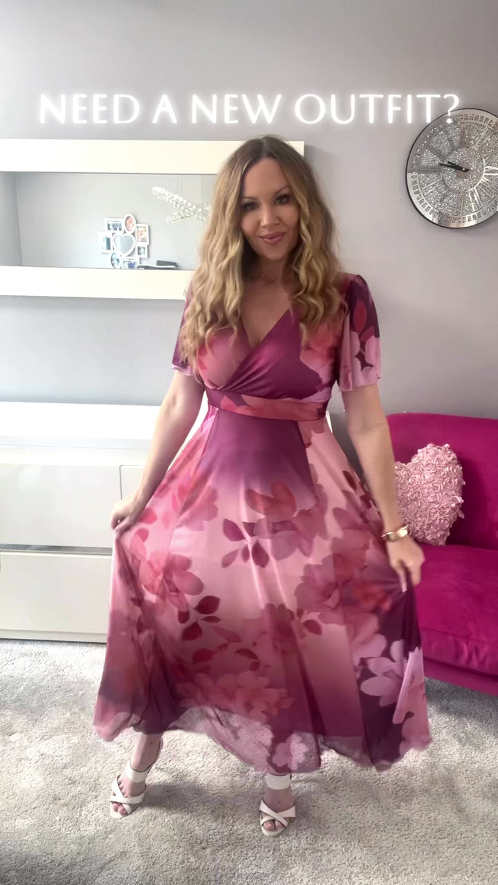 Isobel Plum Floral Angel Sleeve Belted Maxi Dress - PETITE LENGTH (3 LENGTHS)