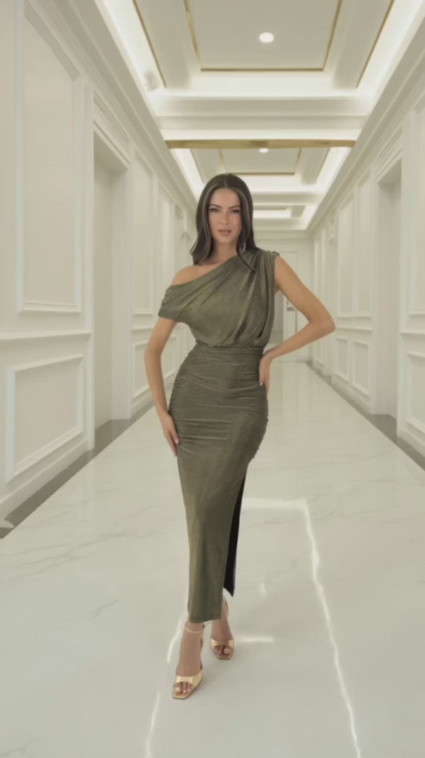 Addison Gold Sparkle Off The Shoulder Draped Top Maxi Dress