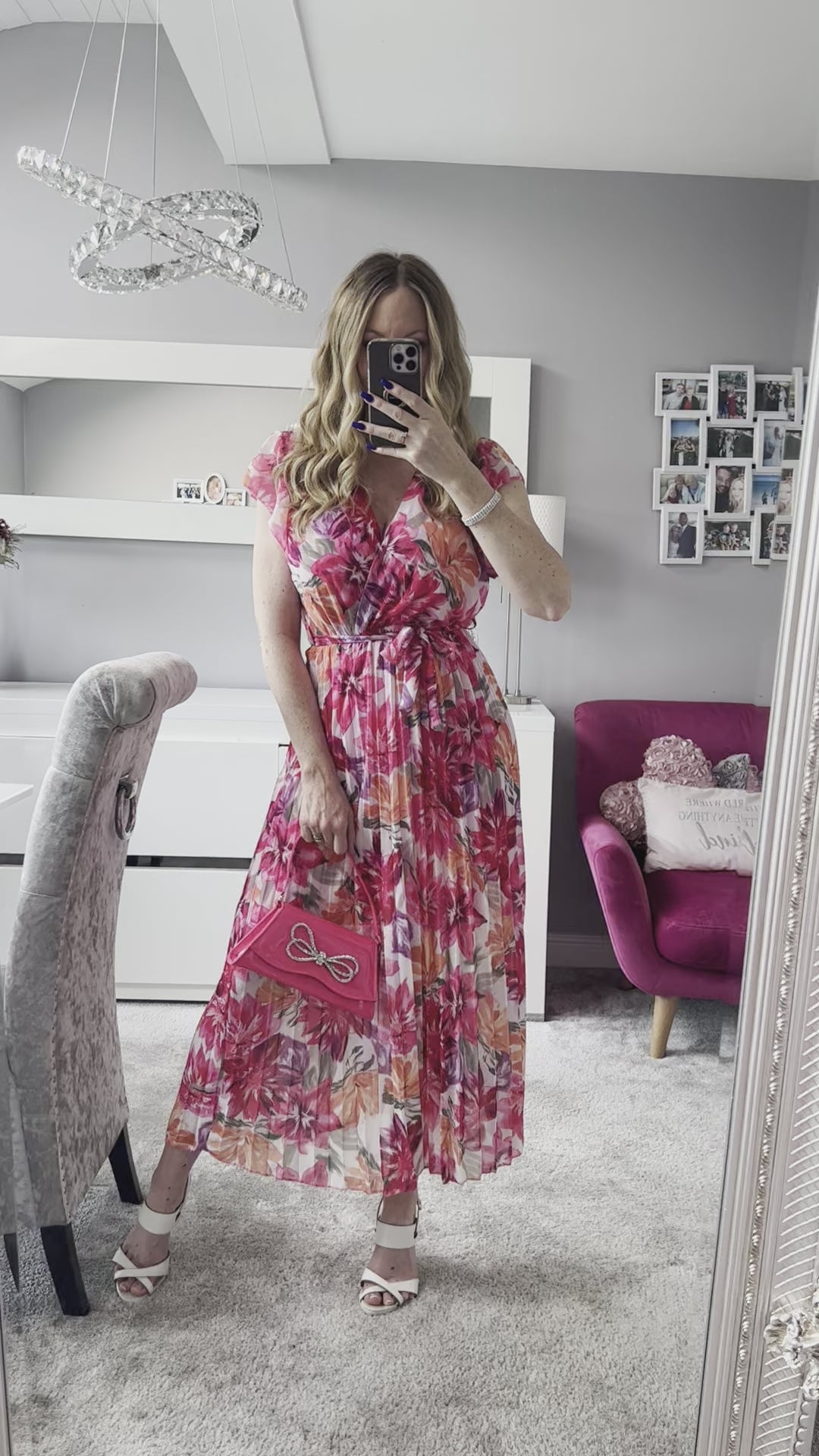 Amalfi Coast Pink Floral Chiffon Short Sleeve Pleated Belted Maxi Dress