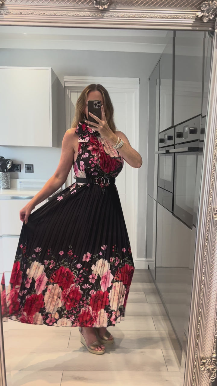 Antigua Black Floral Halter Neck Pleated Maxi Dress