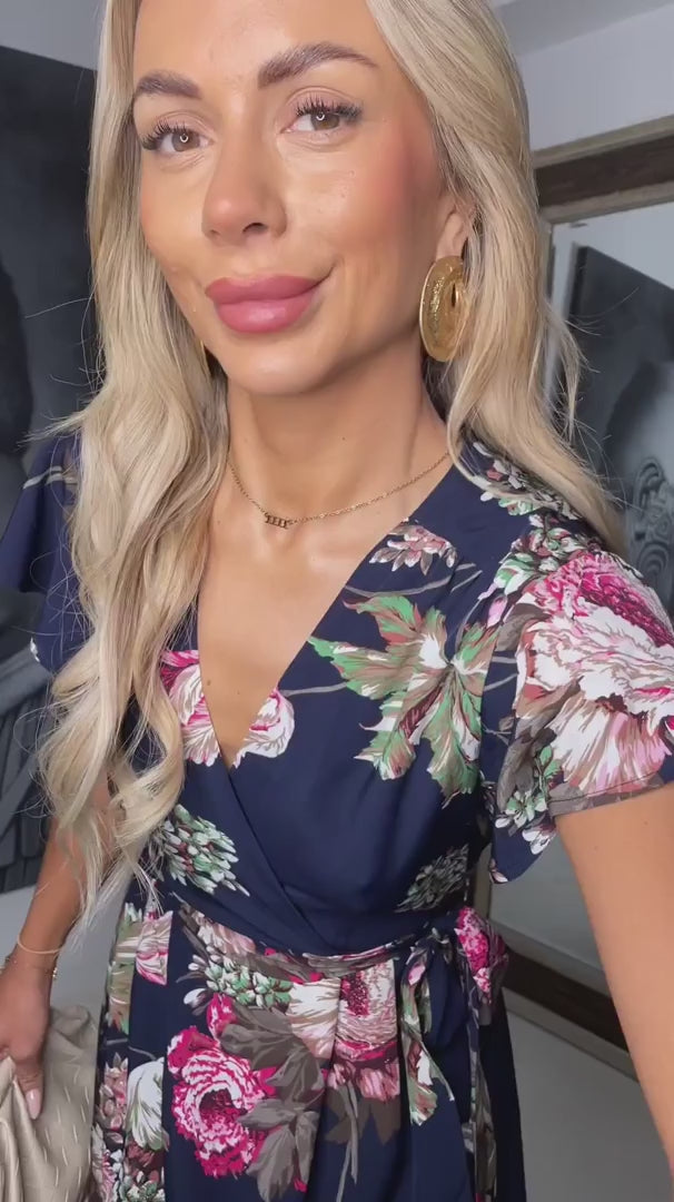 Dionne Navy & Pink Floral Print Short Sleeve Belted Wrap Midi Dress