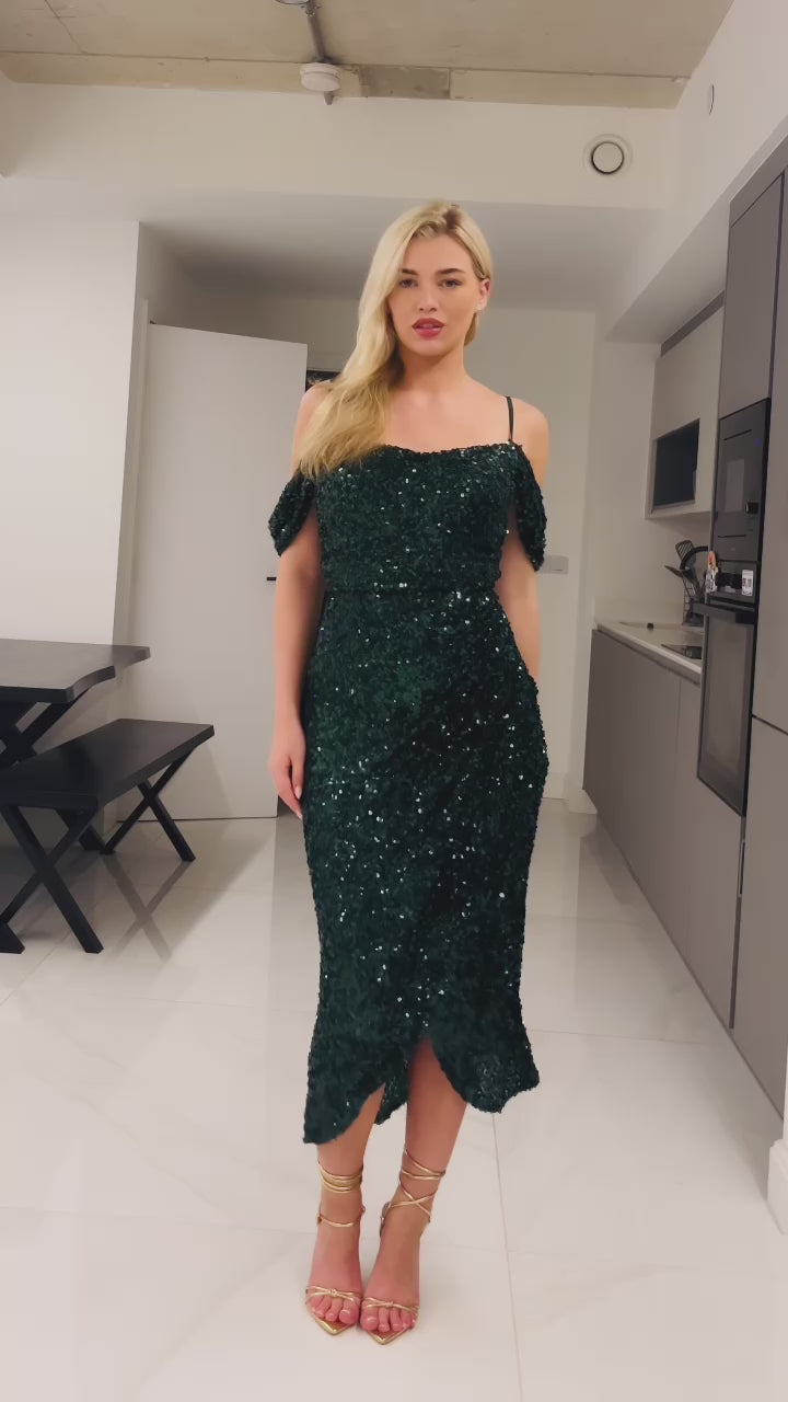 Camilla Emerald Green Sequin Cold Shoulder Wrap Over Bodycon Midi Dress