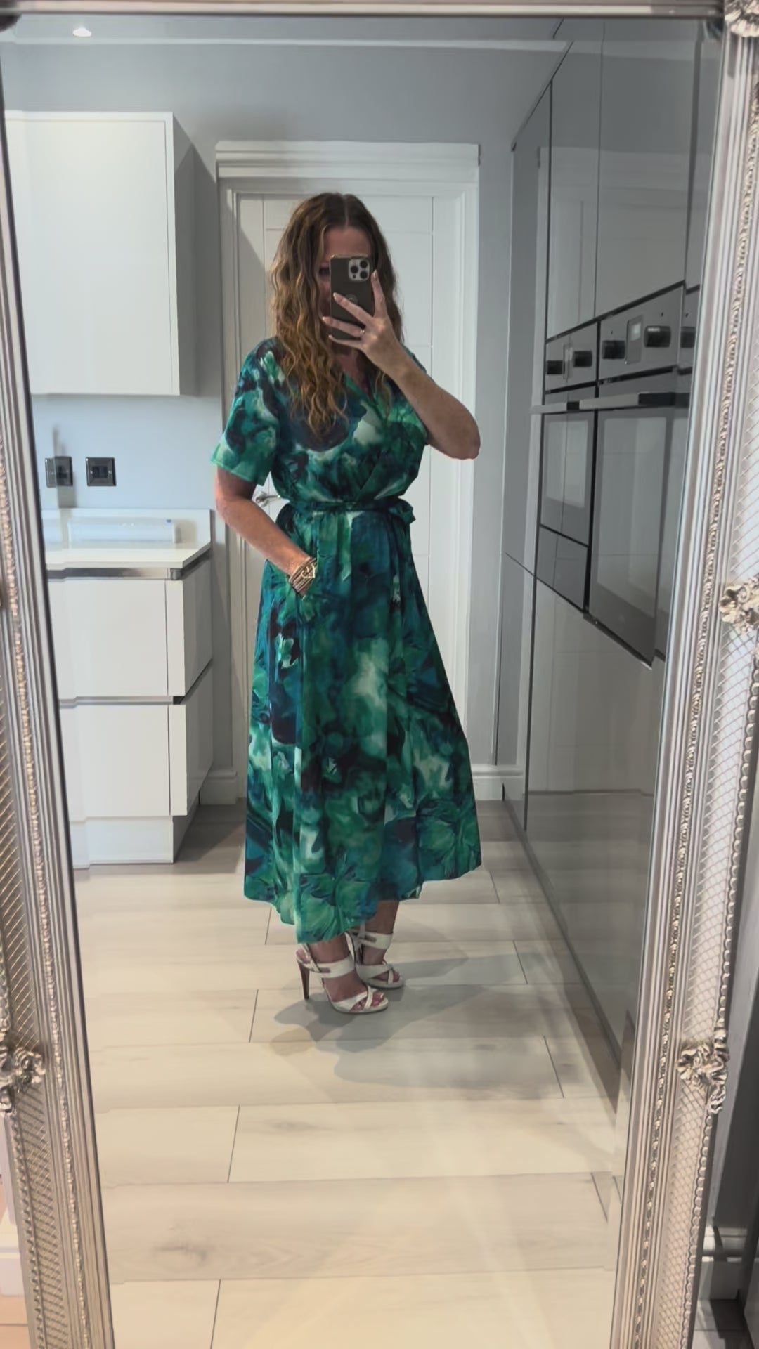 Rochelle Green & Blue Abstract Short Sleeve Belted Maxi Dress With Pockets