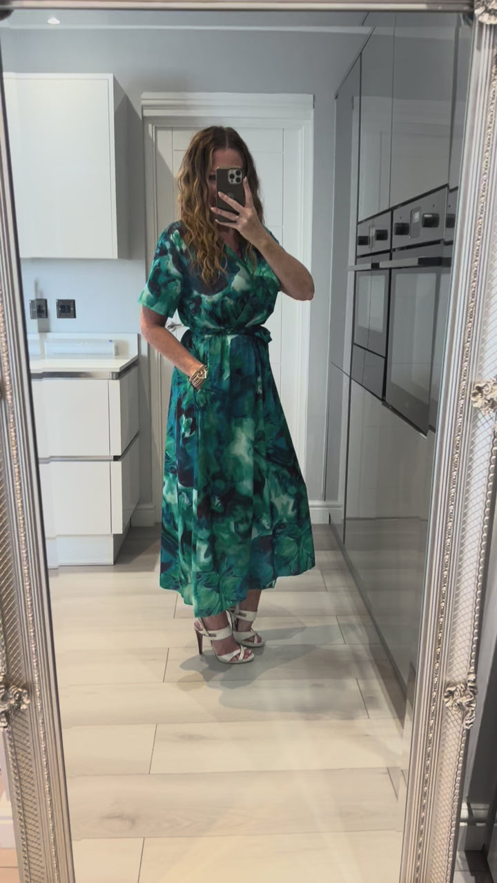 Rochelle Green & Blue Abstract Short Sleeve Belted Maxi Dress With Pockets