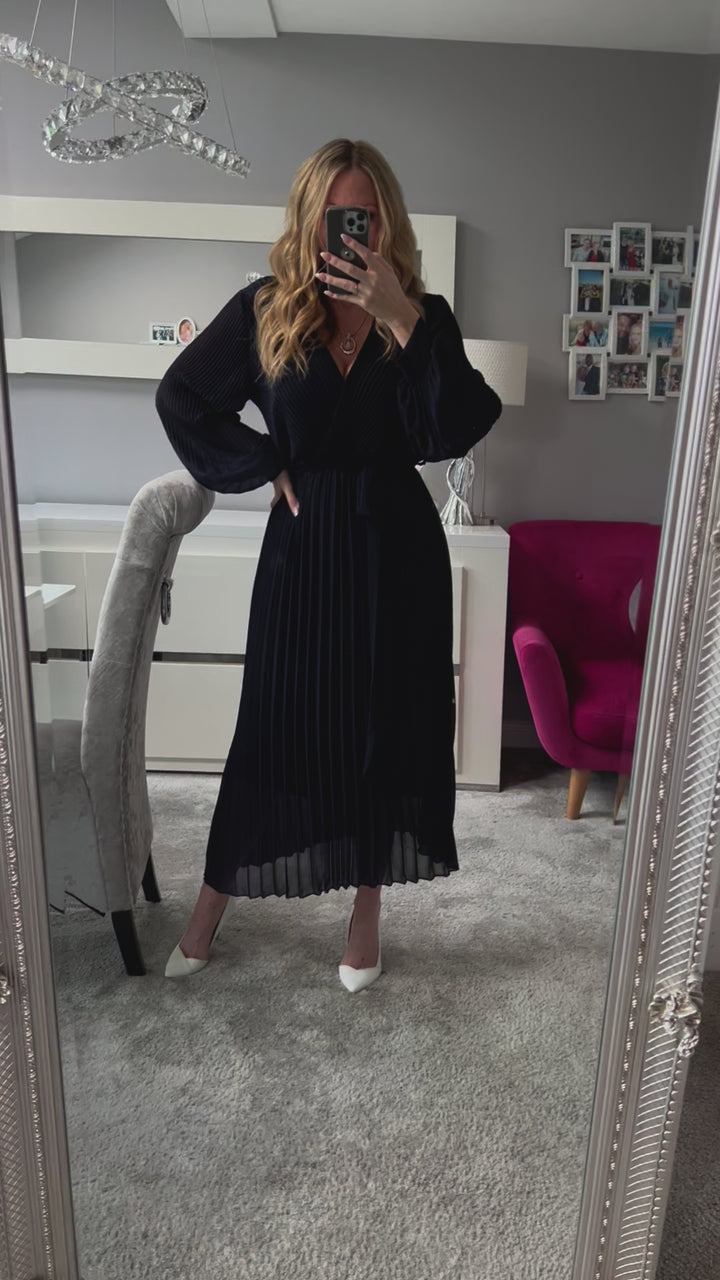 Lucile Navy Blue Chiffon Pleated Belted Long Sleeve Maxi Dress (PRE-ORDER)