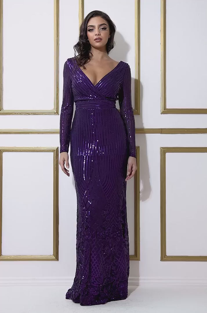 All Night Long Sleeve Sequin Purple Bodycon Maxi Dress TALL